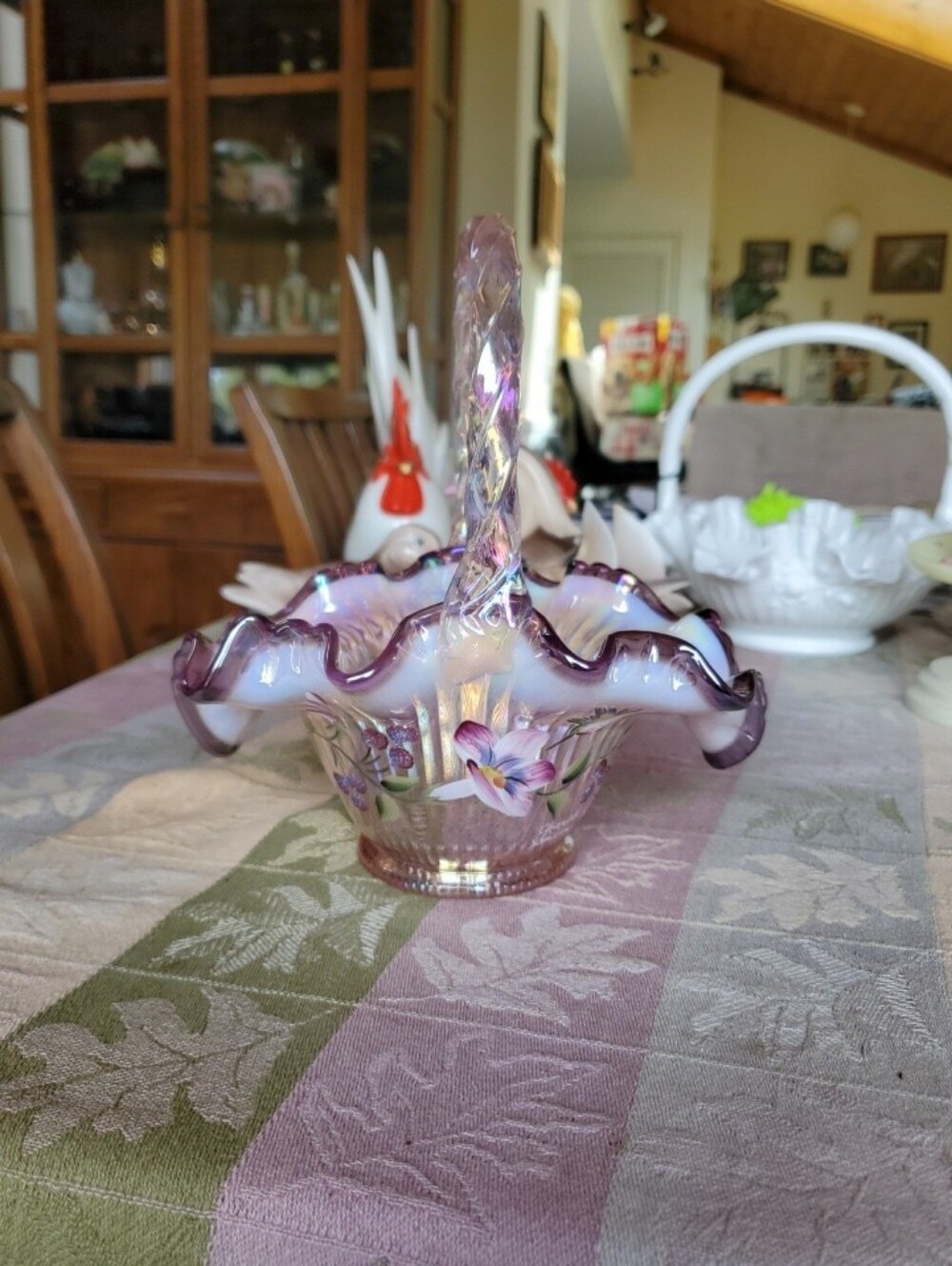 Fenton Ribbon Candy Humming Bird Glass Basket George & Bill Fenton